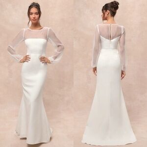 NWT Lulu’s Immaculate Romance White Sheer Organza Long Sleeve Maxi Wedding Dress